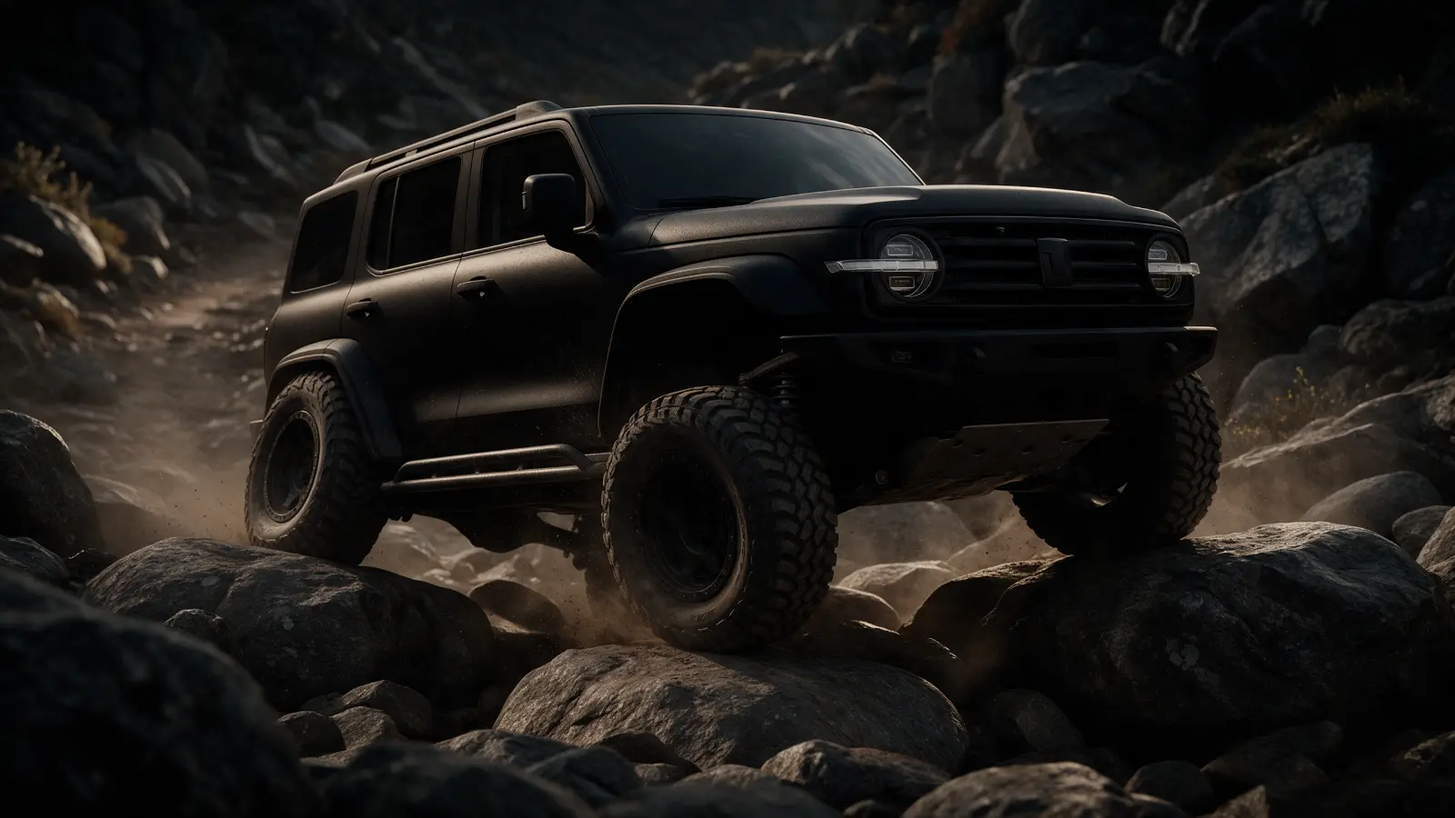 Lifted off-road 4x4 crawling over boulders on a rocky trail