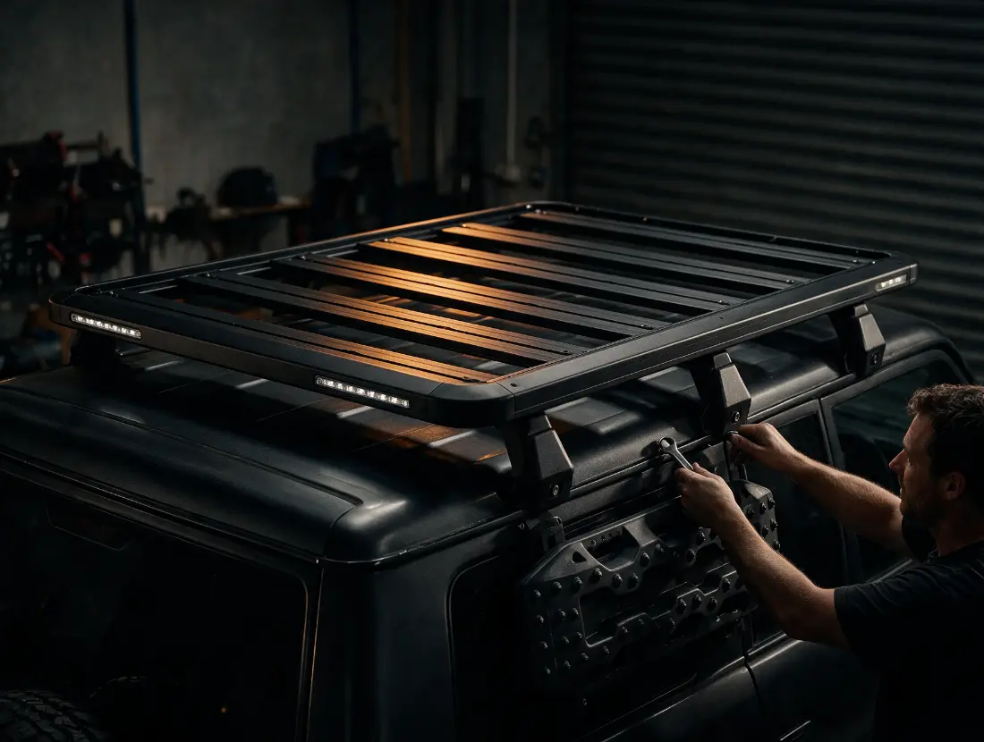Custom aluminium roof rack platform being fitted to a 4x4 wagon