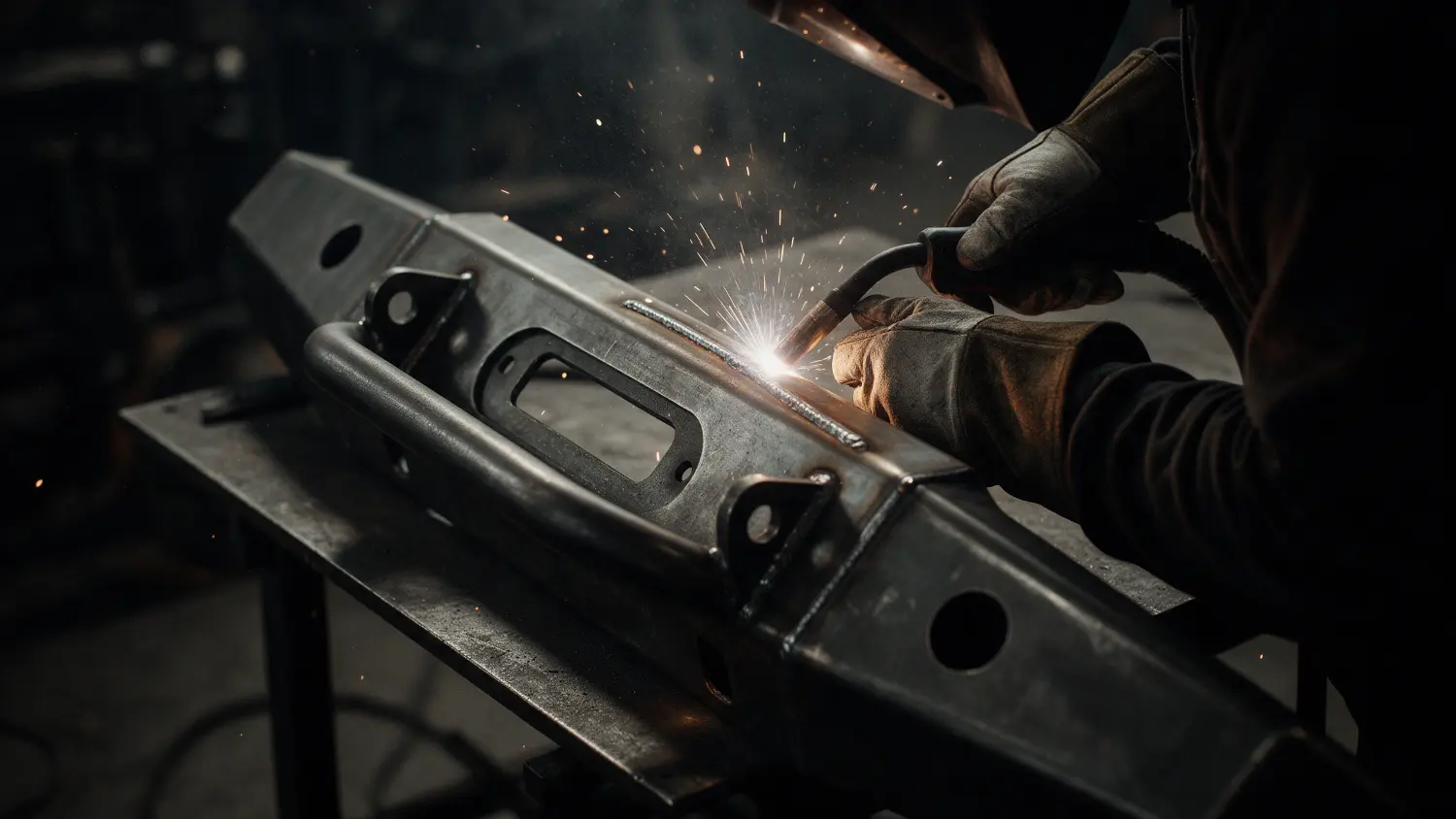 Close-up of precision metal fabrication and welding in a workshop