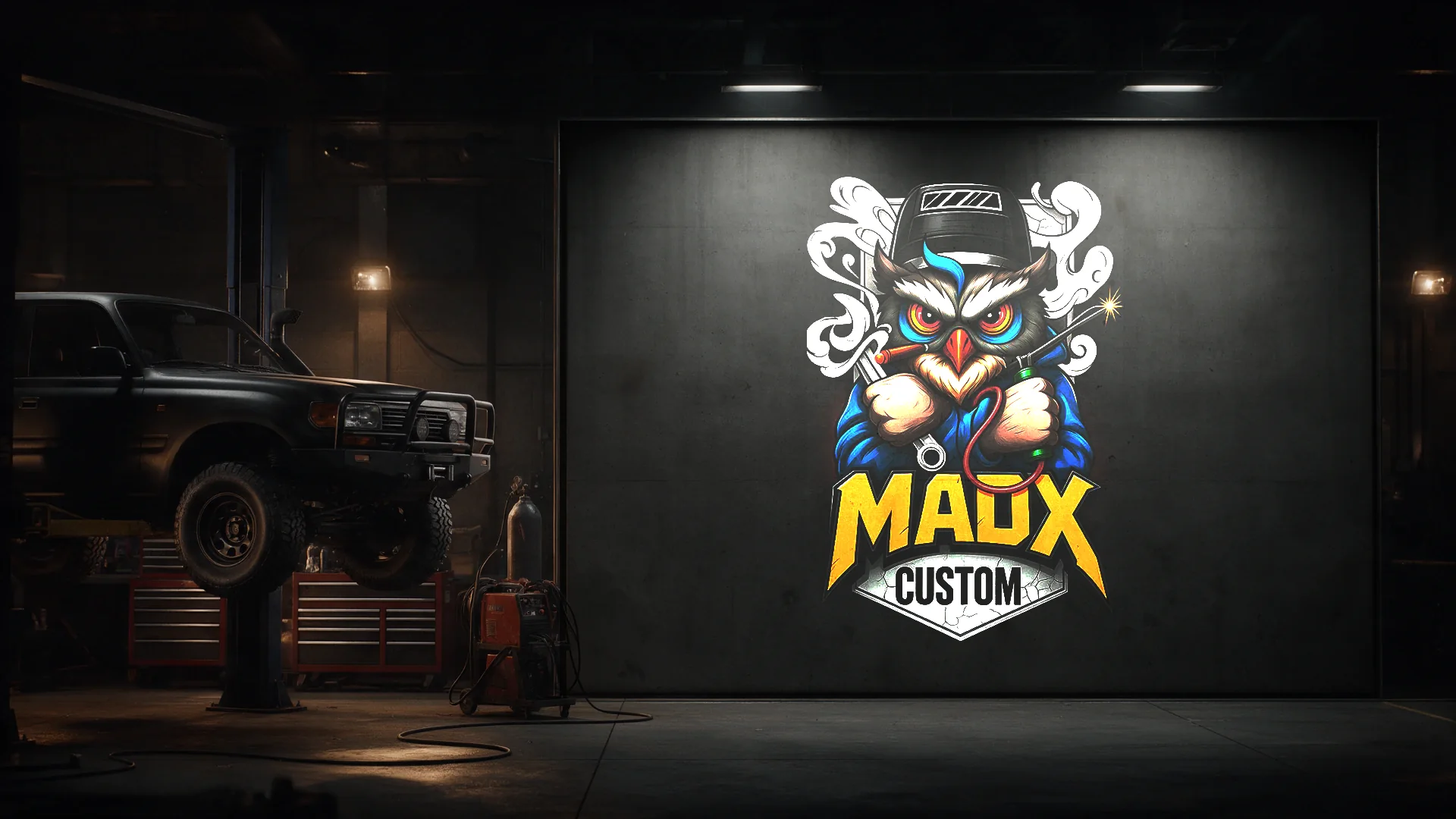 The MADX Custom owl mascot painted as a mural on the workshop wall, with a lifted 4x4 on the lift alongside