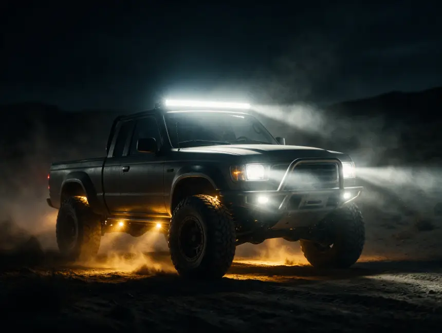4x4 at night with LED light bar and auxiliary pod lights cutting through dust