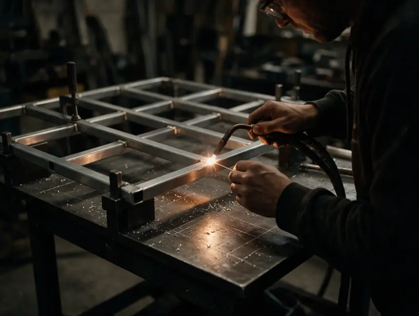 Fabricator TIG welding an aluminium roof rack frame on a jig table