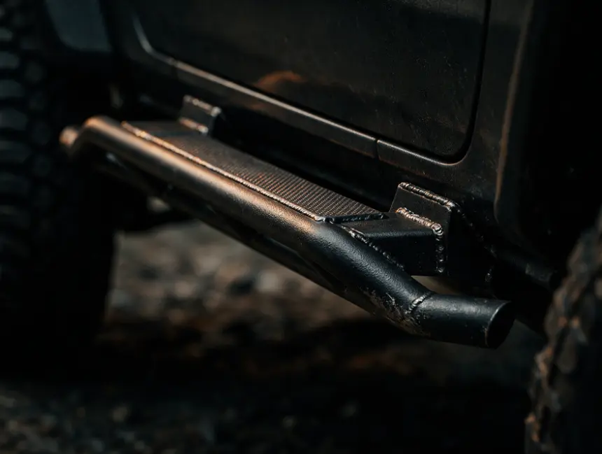 Tubular steel rock sliders welded along the rocker panel of a lifted 4x4