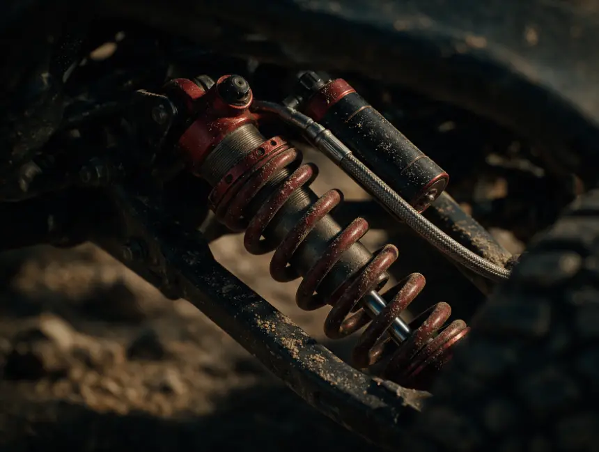 Heavy-duty off-road coilover shock and coil spring on a 4x4 suspension arm