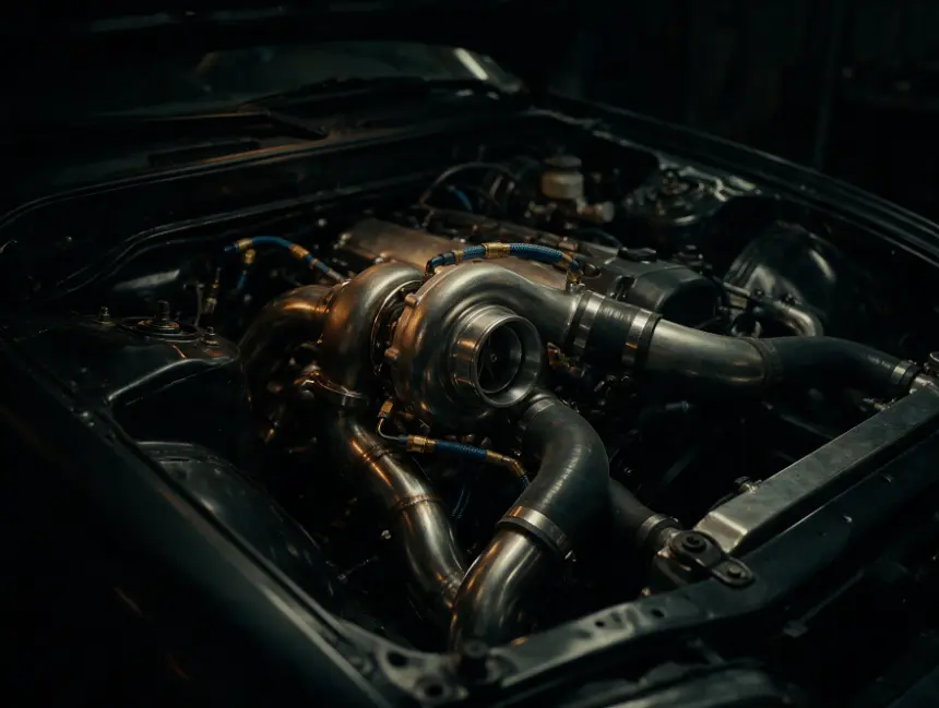 Turbocharger and stainless manifold installed in an engine bay
